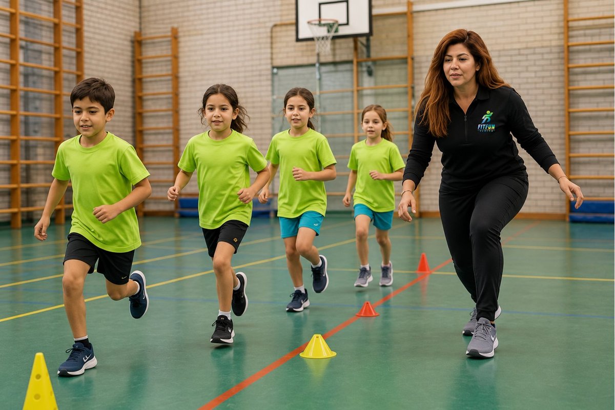 Kinderen rennen en sporten in de gymzaal