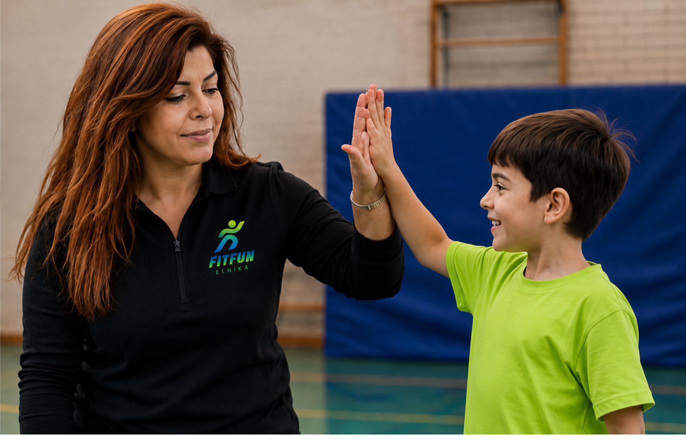 Elham Amir Panah geeft les aan kinderen in de gymzaal – FitFun Elnika